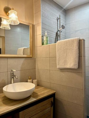 une salle de bain avec un lavabo et un miroir dans l'établissement Charming Provencal Retreat with a Lush Private Courtyard, à Rochegude