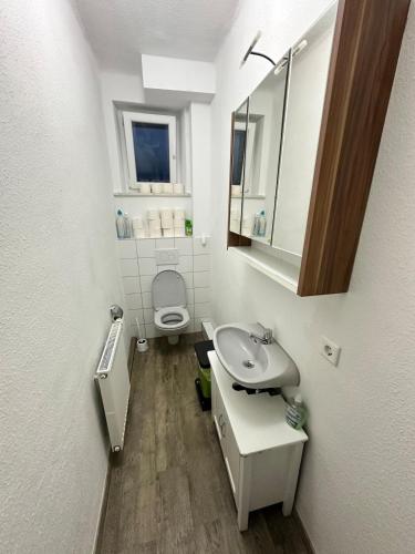 a bathroom with a sink and a toilet and a mirror at Easy Stay Room for Two in Nürnberg