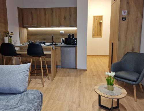 a living room with a couch and a kitchen at Apartmani i sobe PARK in Apatin
