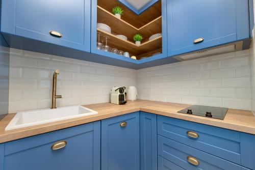 a kitchen with blue cabinets and a sink at Secret Garden Studios in Mytilini