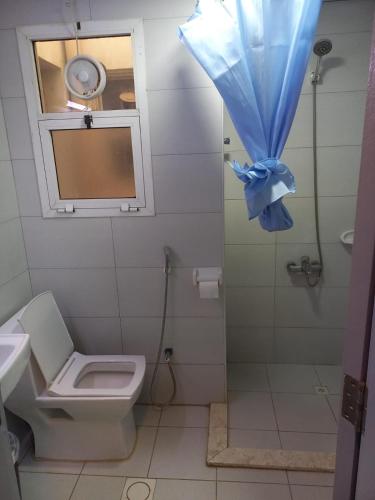 a bathroom with a toilet and a shower with a blue curtain at Middle East Hotel Dubai in Dubai