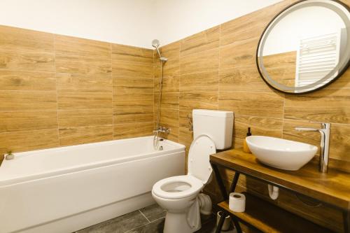 a bathroom with a toilet and a sink and a mirror at Pensiunea Arkara in Târgu-Mureş
