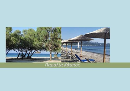 a beach with chairs and umbrellas and the ocean at Ανέμη in Panayía