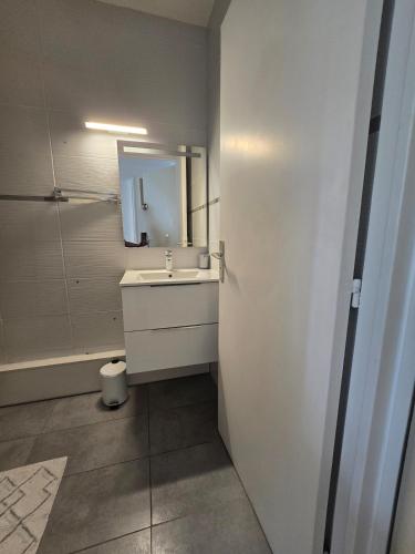 ein Badezimmer mit einem weißen Waschbecken und einem Spiegel in der Unterkunft Quiet in Dijon
