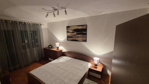 a bedroom with a bed and two night tables with lights at Kuća za odmor Sofija in Beli Manastir