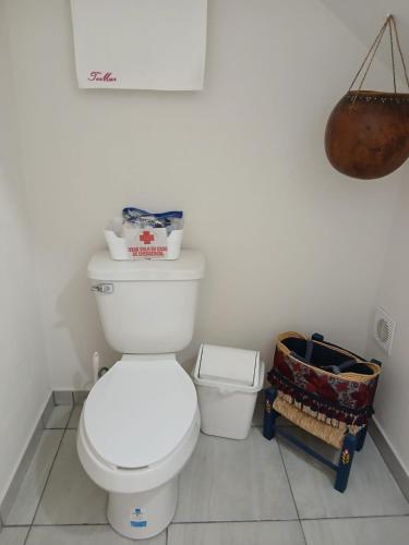 a white bathroom with a toilet and a basket at Casa Termar in Machorra