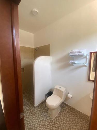 a bathroom with a white toilet in a room at HOTEL CASA VICTORIA in Zihuatanejo