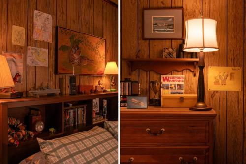 a bedroom with a bed and a lamp on a dresser at Stranger Things - Byers Home - 15 Min to ATL in Fayetteville