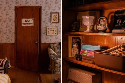 a room with a book shelf and a door with a no sign at Stranger Things - Byers Home - 15 Min to ATL in Fayetteville