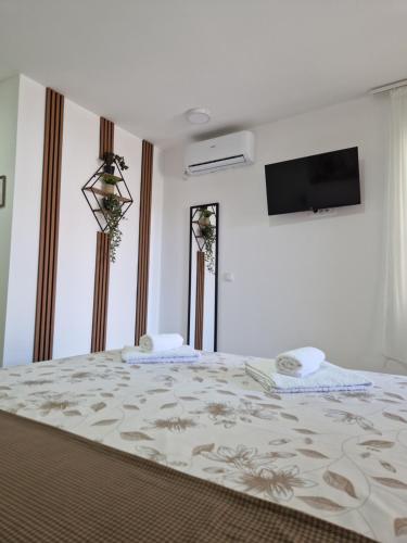 a bedroom with a large bed with a tv on the wall at Apartmani Nataly M2 in Veliko Gradište