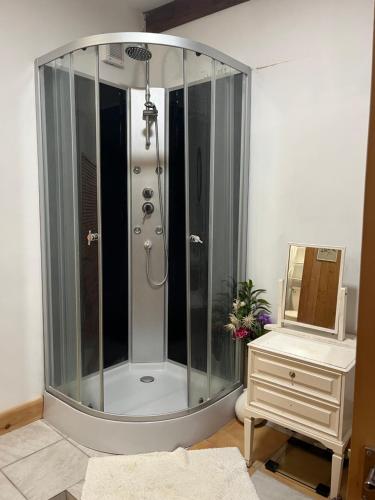 a shower with a glass enclosure next to a dresser at La villa Lambert-Longière in Monnai