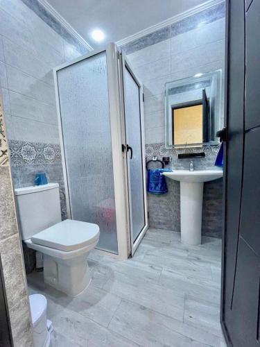 a bathroom with a shower and a toilet and a sink at Beachfront First floor mekad in Oued Laou