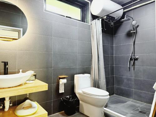a bathroom with a toilet and a sink and a mirror at 隐谷私院The Great Wall Valley in Gubeikou