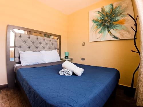 een slaapkamer met een blauw bed met 2 kussens erop bij Suite descanso para dos, Paseo Durango in Durango