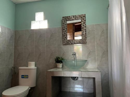 a bathroom with a sink and a toilet and a mirror at ADIKARA Joglo in Saba