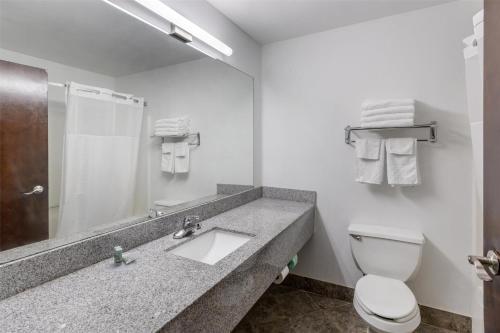 a bathroom with a sink and a toilet and a mirror at SureStay Hotel by Best Western Morganton in Morganton