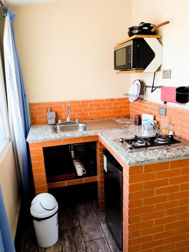 a small kitchen with a sink and a stove at Loft familiar, Paseo Durango in Durango
