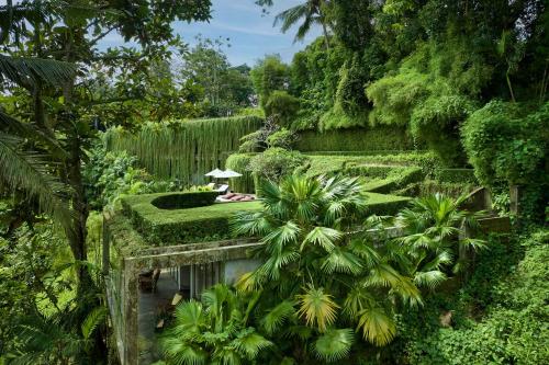 a garden with a pond and a waterfall at Chameleon Villa Bali in Tabanan