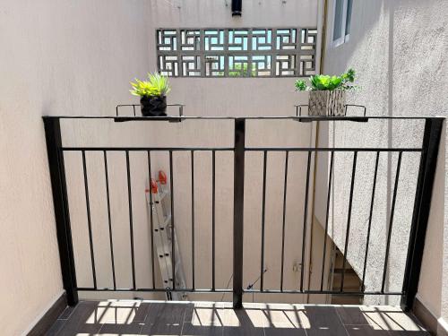 two potted plants sitting on top of a fence at Private jacuzzi pool 2 level house private coto in Mezcales