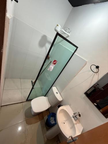 a bathroom with a toilet and a mirror at Hotel e Restaurante Casa Paraense Original, px ao aeroporto in Manaus