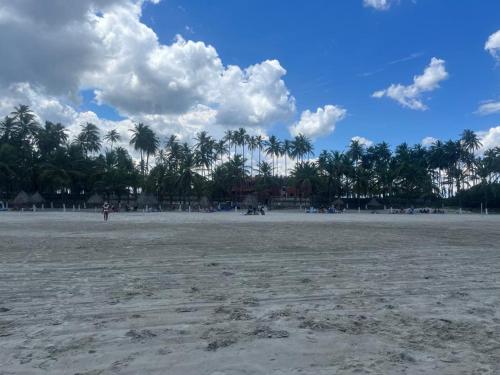 a sandy beach with palm trees in the background at Villa Vacacional Los Cayos in Boca de Aroa