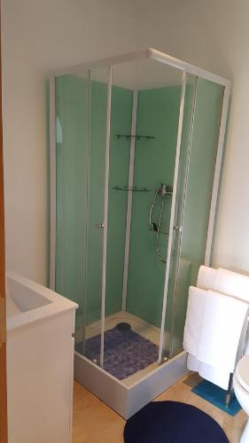 y baño con ducha y puerta de cristal. en Zona Balnear do Meimao, en Meimão