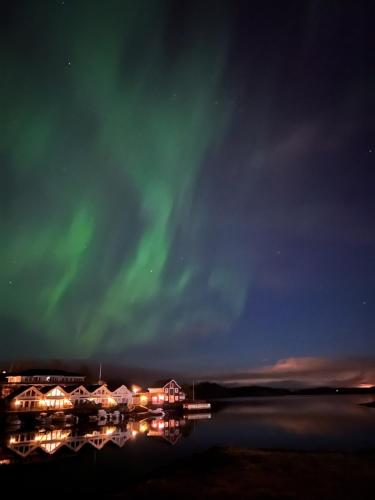 an image of the aurora borealis over a lake at Family-friendly Cabin with pier - Herdla to Bergen - 40 min in Herlø