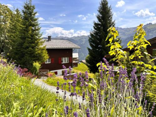 a garden with purple flowers in front of a house at Revier mon désir in Braunwald