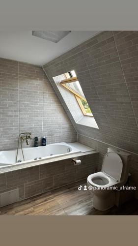 a bathroom with a bath tub and a toilet at Cabană Panoramic Aframe in Dealu Negru
