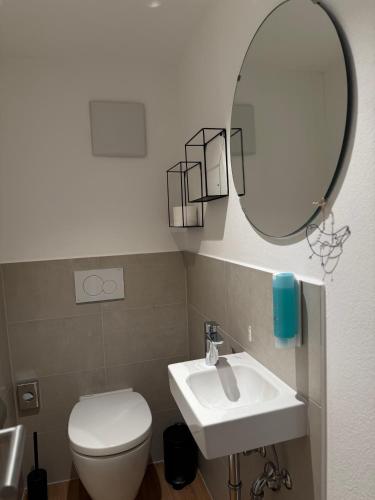 a bathroom with a toilet and a sink and a mirror at Villa19hundert5 moderne Ferienwohnungen in zentraler Lage in Lindenberg im Allgäu