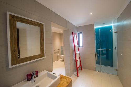 a bathroom with a sink and a mirror and a shower at The Delight Swakopmund in Swakopmund