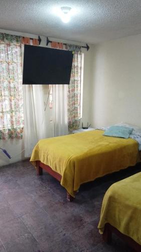 a bedroom with two beds with yellow sheets and a window at Departamento C-3 in Mexico City