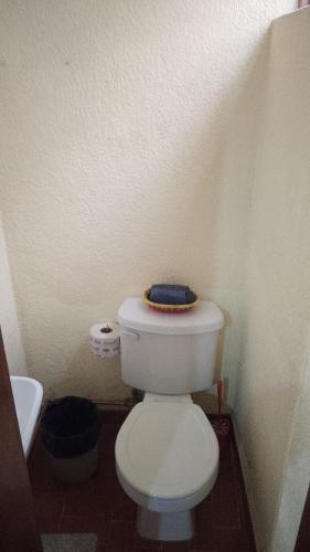 a bathroom with a white toilet with a blue towel on it at Departamento C-3 in Mexico City