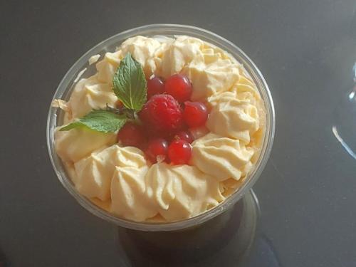 a glass bowl filled with a dessert with whipped cream and berries at STUDIO APARTMAN MARKo C self-check in,frre parking in Karlovac