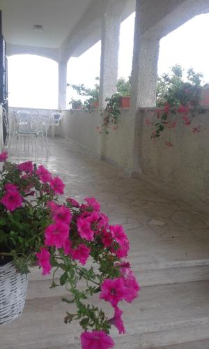 a room with pink flowers and tables and windows at Deliziosa Villa Panoramica in Campagnano di Roma