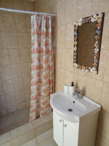 a bathroom with a sink and a shower curtain at Vila Hipo in Venus