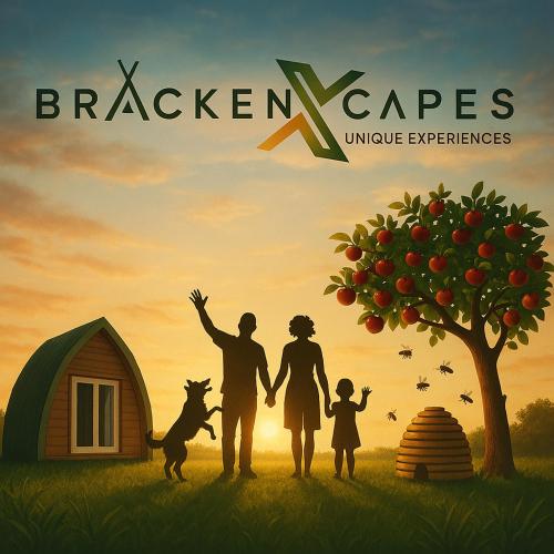 a poster of a family standing in front of a apple tree at BrackenXcapes Glamping in Newark-on-Trent
