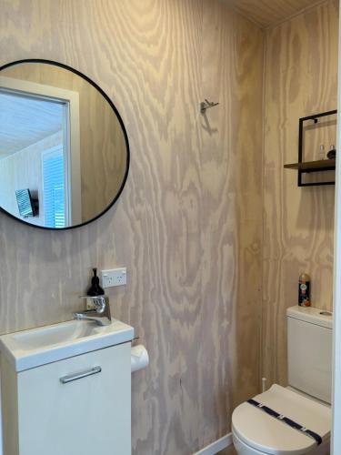 a bathroom with a toilet and a mirror on the wall at Cotman Cottage on Coatesville in Kumeu