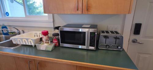 a kitchen counter with a microwave and a sink at Guest Suite in Langford Victoria in Victoria
