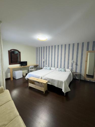 a bedroom with a bed and a tv and a couch at Hostal Terraza Miramar SL in Boiro