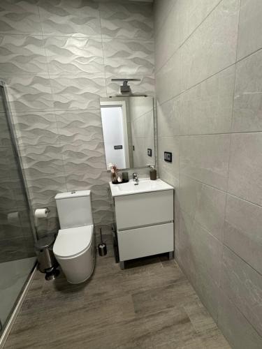 a bathroom with a toilet and a sink and a mirror at Apartamento Martina 1 in Mérida