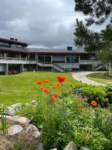 a building with red flowers in front of it at Raulandsakademiet in Rauland