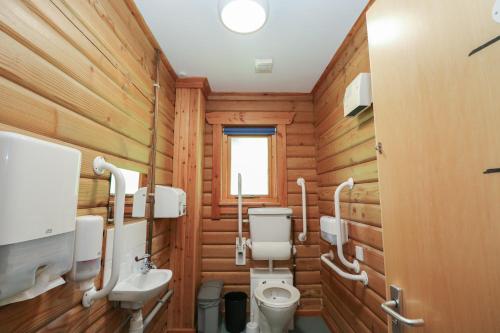 a bathroom with wooden walls and a toilet and a sink at Shore Lodge Brodick Castle in Brodick