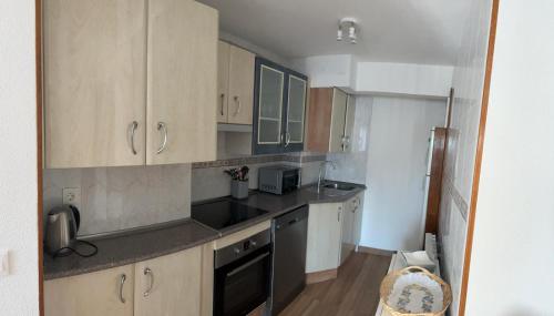 a kitchen with wooden cabinets and black appliances at Navarubia in Navacerrada
