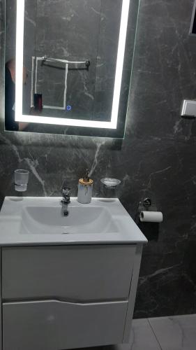 a bathroom with a white sink and a mirror at Apartment Cica in Igalo