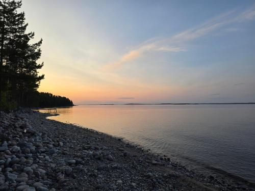 a rocky beach with trees and the ocean at sunset at Vernetti 1 Koli in Kolinkylä