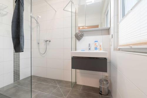 a bathroom with a sink and a shower at Exkl App Tilda WLAN, Haustiere Willkommen in Börgerende-Rethwisch
