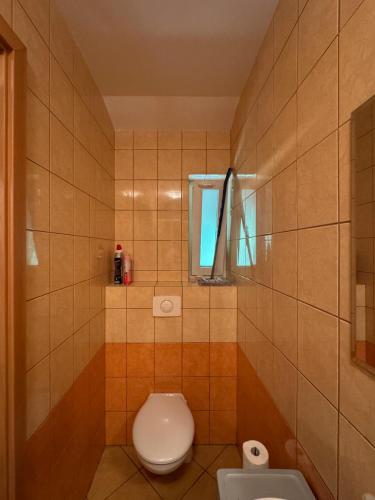 a bathroom with a toilet and a window at Pokoje przy lesie in Jantar