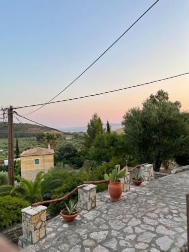 a row of potted plants on a stone walkway at Finikounta Sunset Family Maisonette in Grizókambos