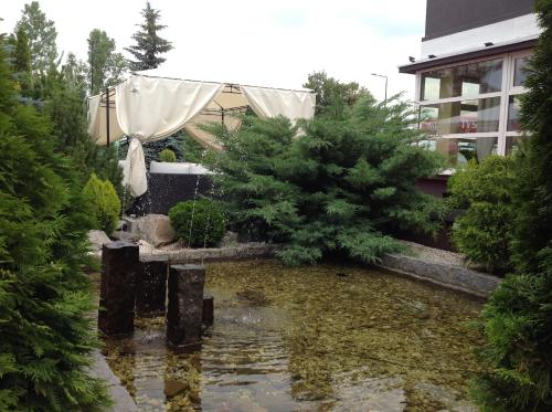 a pond in front of a building with a tree at Hotel Europejski in Nysa